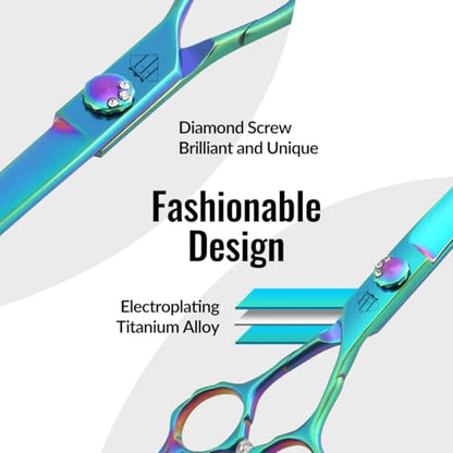 Dog Grooming Scissors: 7" Straight Pet Shears Skeletonized blade Made Of Japanese 440C for Trimming Dogs Cats and Other Pets Green (Curved G, 7") - style: Curved G