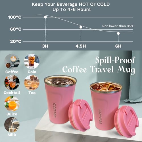Insulated Travel Coffee Mug, Stainless Steel Coffee Cup with Leakproof Lid - color: 2nd-Pink, size: 12 Ounces