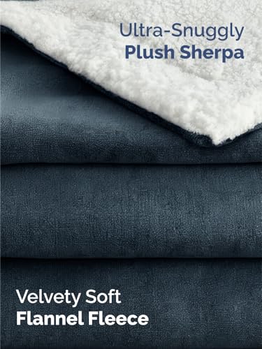 Sherpa Fleece Blanket Throw Size - Reversible Blanket - Navy, 50" x 60" - color: 02 - Navy, size: Throw (50" X 60")