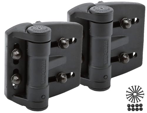 D&D Technologies TCAMA2 Multi-Adjust Regular Duty Gate Hinges, For Self Closing Metal, Wood, Vinyl Gates up to 55 Pounds, 3-Way Adjustable, Gap up to 2", For Square Gate Frame and Post, Black, 2 Count | 3-way adjustable gate hinge, 2" gate gap, self-close