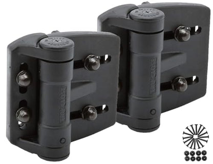 D&D Technologies TCAMA2 Multi-Adjust Regular Duty Gate Hinges, For Self Closing Metal, Wood, Vinyl Gates up to 55 Pounds, 3-Way Adjustable, Gap up to 2", For Square Gate Frame and Post, Black, 2 Count | 3-way adjustable gate hinge, 2" gate gap, self-close