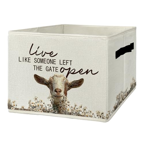 Rustic Goat Storage Bins & Boxes with Handles, Farmhouse Goat Foldable Basket for Organizing, Live Like Someone Left the Gate Open Collapsible Storage Basket for Bedroom Bathroom Clothes Toys - color: goat