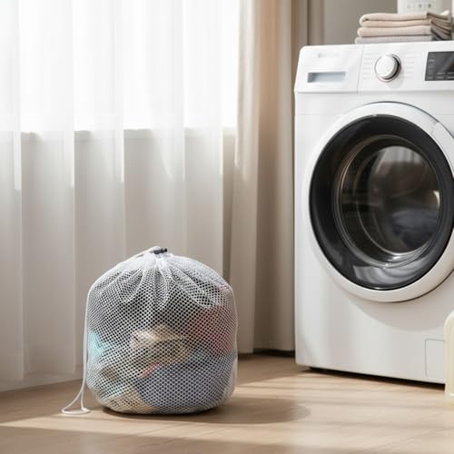Small Laundry Bags Mesh for Delicates - White Polyester Wash Bags with Drawstring for Socks, Lingerie, Travel, Dorm, Machine Washable, 15.75×18.9 inches