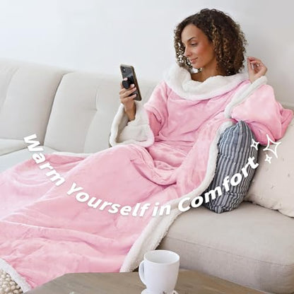 Catalonia Sherpa Wearable Blanket with Sleeves Arms,Super Soft Warm Comfy Large Fleece Plush Sleeved TV Throws Wrap Robe Blanket for Adult Women and Men Pink - color: Pink, size: Standard Pocket