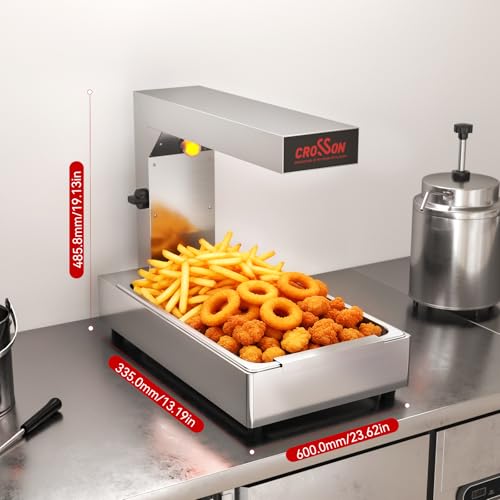 CROSSON French Fry Food Warmer, Commercial French Fry Heat Lamp Electric Stainless Steel Fries Dump Station Countertop 5-Level Adjustable Heating Duration for Food Truck Restaurant Parties 600W