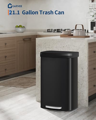Garvee 21 gal / 80 L Metal Trash Can with Lid, Large Garbage Can for Kitchen, Rustproof Step-on Kitchen Metal Trash Bin with Liner Rim, Rear Handle, Soft Close Plastic Lid, Black - color: Black, size: 21.1 Gallons
