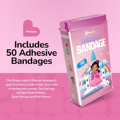 BioSwiss Bandages, Princess Shaped Self Adhesive Bandage Set, Latex Free, Sterile Wound Care, 50 Count - color: Princess, size: 50-Count Tin