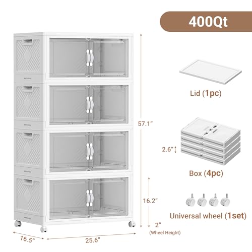 BROVIEW 400QT Large Stackable Storage Bins with Clear Doors, V20 4Pack | 100Gal Plastic Closet Organizer Cabinet with Lid and Wheels, Collapsible Latch Box Folding Drawer for Home, White - size: 100QT-4Pack