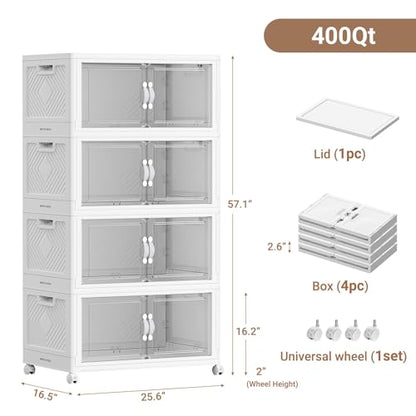 BROVIEW 400QT Large Stackable Storage Bins with Clear Doors, V20 4Pack | 100Gal Plastic Closet Organizer Cabinet with Lid and Wheels, Collapsible Latch Box Folding Drawer for Home, White - size: 100QT-4Pack
