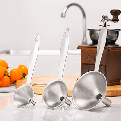 Small Funnels for Filling Bottles, 3 Pcs Stainless Steel Kitchen Funnel Set, Food Grade Mini Metal Funnel for Transferring Essential Oils, Liquid, Fluid, Dry Ingredients & Powder, Durable and Dishwash - size: 3 Pack (2.95" + 2.16" + 1.77")