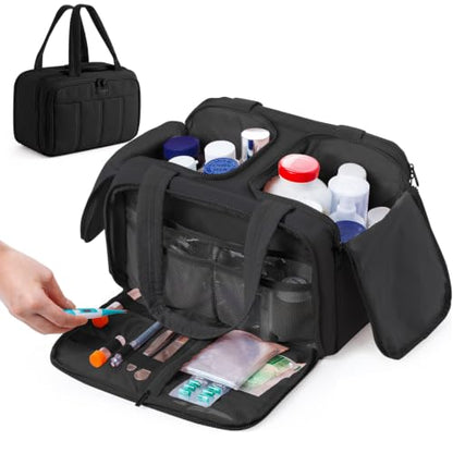 Travel Medicine Storage Bag with 2 Compartments, Wide-Mouth Medical Organizer, Puffy Lightweight First Aid Bag for Prescription Bottles, Pill Cases, Medical Supplies & Family Emergency Essentials - color: Black