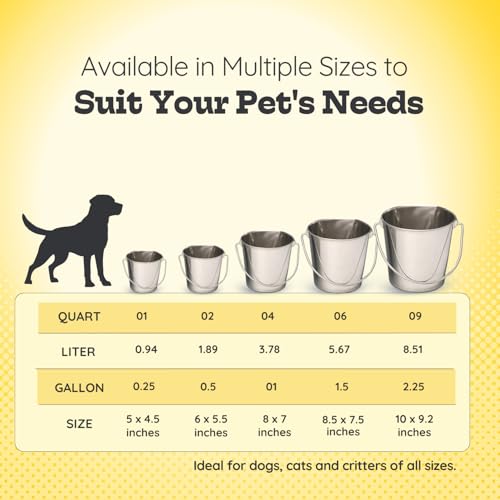 Stainless Steel Flat Side Bucket 1 Quart (0.25 Gallon)- Heavy Duty Hanging Food & Water Pail for Dogs, Cats, Birds, Kennel, Cages & Crates, Durable Rustproof Multi-Purpose Feeding Buckets - size: 1 Quarts