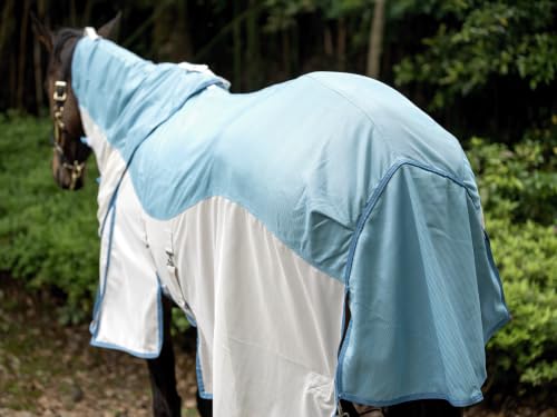 Mesh Horse Fly Sheet with Detachable Neck Cover | Dual-Zone UV Protection & Breathable Design | Elastic Webbing Belly Wrap & Leg Straps | Blue, 69 Inch - color: Glacier Blue, size: 69
