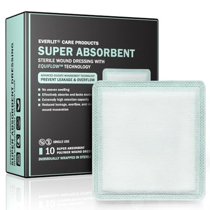 EVERLIT EquiFlow Super Absorbent Dressing | High Retention, Instant Absorption for Heavily Exuding Wound | Sterile Non-Adhesive Polymer Gauze Pads | Reduce Leakage and Skin Maceration (3" x 3")