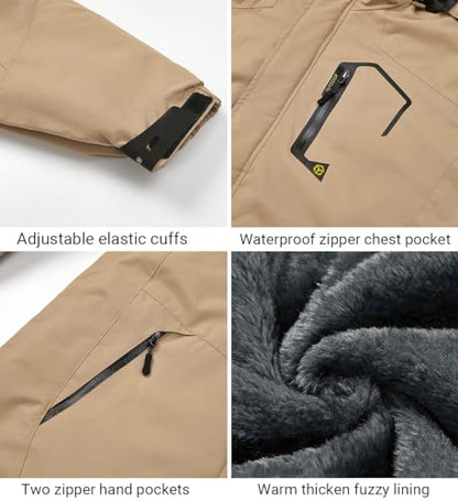 Men's Winter Ski Jacket Warm Fleece Waterproof Outdoor Mountain Hiking Windbreaker Hooded Snow Rain Coat - color: Khaki, size: Large