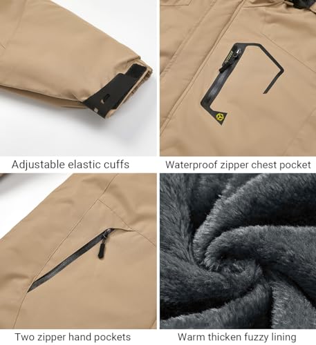 Men's Winter Ski Jacket Warm Fleece Waterproof Outdoor Mountain Hiking Windbreaker Hooded Snow Rain Coat - color: Khaki, size: Medium