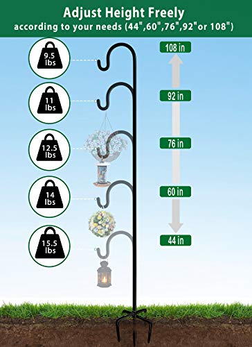 Adjustable Outdoor Shepherd Hook Stand with 5 Prong Base, 108 Inches Tall 3/5 in Thick, Shiny Black (2 Packs) - size: 108in-2pcs
