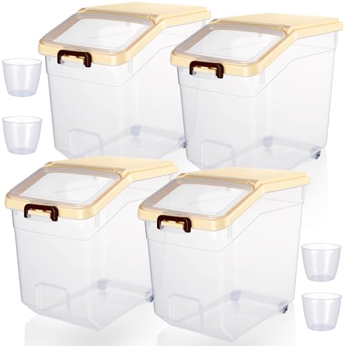 Sunnyray 4 Pcs Rice Storage Containers Bulk Flour Sugar Container Wheels Measuring Cups Set Airtight Pet Dog Cat Birds Food Bin Grain Cereal Organizer Box for Dry Baking (Beige,38 lb) - color: Beige, size: 38 lb