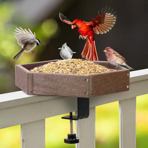 Kingsyard Clamp-On Deck Bird Feeder for Balcony Railings, No Drill - color: Brown