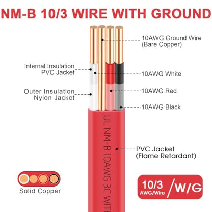 XMK NM-B 10/3 Wire with Ground,10/3 Electrical Wire 10 Gauge 3 Conductors - size: 10ft, style: 10 AWG-3 Conductor w/ Ground