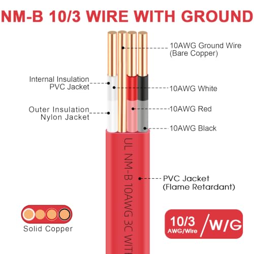 XMK NM-B 10/3 Wire with Ground,10 Gauge 3 Conductors Electrical Wire,15ft - size: 15ft, style: 10 AWG-3 Conductor w/ Ground