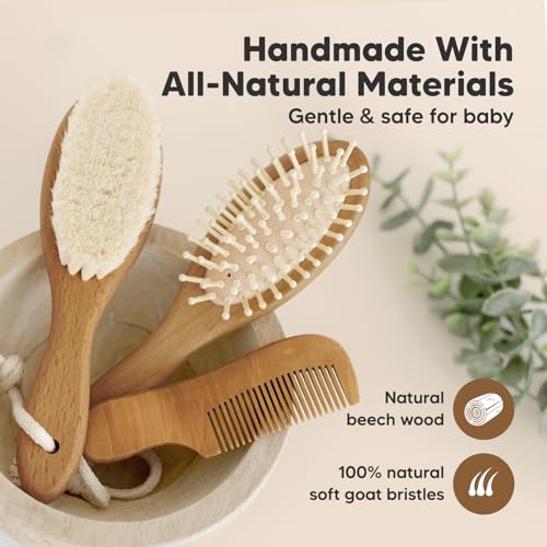 Keababies Baby Hair Brush and Comb Set and 3-Pack Baby Swaddle Sleep Sacks - Wooden Brush with Soft Goat Bristle - Newborn Swaddle Sack, Cradle Cap Brush
