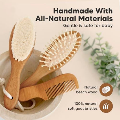 Keababies Baby Hair Brush and Comb Set and 3-Pack Baby Swaddle Sleep Sacks - Wooden Brush with Soft Goat Bristle - Newborn Swaddle Sack, Cradle Cap Brush
