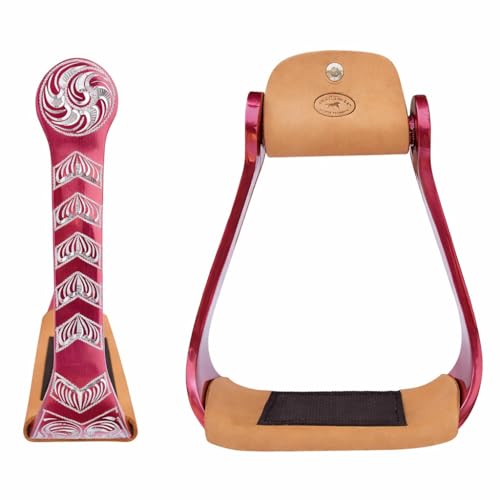 Horse Western 5" Wide Barrel Racer Engraved Aluminum Show Stirrups 51244 - color: Pink