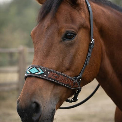 SIE Turquoise Beaded Floral Carved Leather Tie-Down Noseband for Horses, Western Tack - size: Full, style: Noseband
