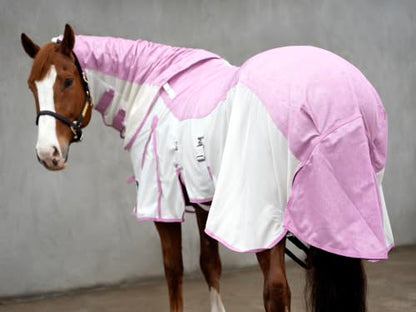 Mesh Horse Fly Sheet with Detachable Neck Cover | Dual-Zone UV Protection & Breathable Design | Elastic Webbing Belly Wrap & Leg Straps | Pink, 84 Inch - color: Ice Cream Pink, size: 84