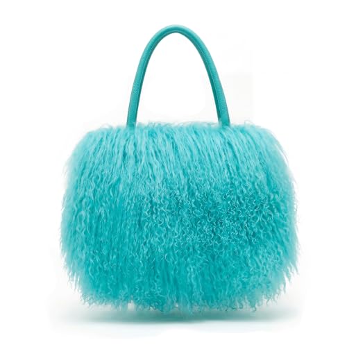 Women Luxury Real Curly Mongolian Lamb Fur Purse - color: Blue