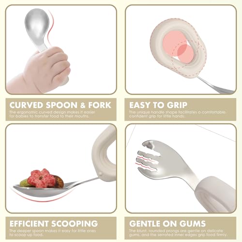 MR. CHOU Baby Suction Bowl Set with Spoon & Fork, Insulated Double-Layer 18/8 Stainless Steel Toddler Bowls with Silicone Suction Cup & BPA Free Airtight Lids, Beige - color: Beige-S