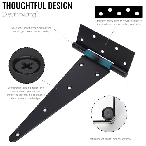 12 Inch T-Strap Gate Hinges, Heavy Duty Shed Barn Door Hinges, Black Tee Hinges for Wooden Fence, Yard Gate, Wrought Hardware Iron Rustproof (2 Pack) - size: 12 Inch