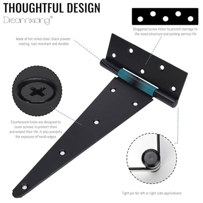 12 Inch T-Strap Gate Hinges, Heavy Duty Shed Barn Door Hinges, Black Tee Hinges for Wooden Fence, Yard Gate, Wrought Hardware Iron Rustproof (2 Pack) - size: 12 Inch