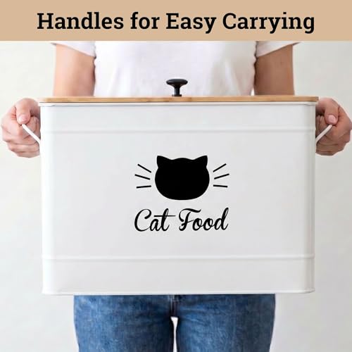 Metal Cat Food Container with Scoop, 15lb (50 Cup) w/ Airtight Bamboo Lid - color: White
