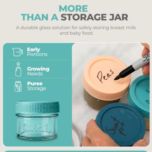 Mason Bottle Glass Breastmilk Storage Jar Set with Lids, 8-Pack, 4oz & 8oz | Baby Glass Jar Set with Airtight Leakproof Lids, Freezable Breast Milk Storage Jars, Baby Food Storage Containers, Deep Ocean - size: Mixed Jar Set (8 pack)