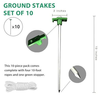 Eurmax USA 10-Pack Secure Protection Galvanized Tent Stakes,Rust-Proof Steel Canopy Anchors for High Winds,Heavy Duty Commercial Ground Pegs for Camping,Pop Up Tents&Gazebos - Includes 4x10ft Ropes - color: Green, style: Stakes 10-pack
