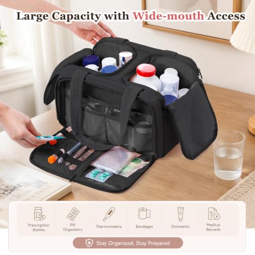 Travel Medicine Storage Bag with 2 Compartments, Wide-Mouth Medical Organizer, Puffy Lightweight First Aid Bag for Prescription Bottles, Pill Cases, Medical Supplies & Family Emergency Essentials - color: Black
