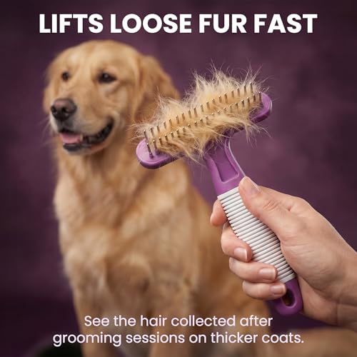 POODLIE Poodle Pet Dog Grooming Rake| Dematting Tool with Stainless Steel Shedding Comb for Pets | 2 Rows of Pins Gently Remove Loose or Tangled Hair from Undercoat | Purple Handle - color: Purple