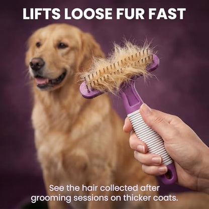 POODLIE Poodle Pet Dog Grooming Rake| Dematting Tool with Stainless Steel Shedding Comb for Pets | 2 Rows of Pins Gently Remove Loose or Tangled Hair from Undercoat | Purple Handle - color: Purple