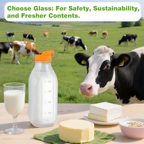 CARBLIN 32 Oz Glass Milk Bottles with Lids，1 Quart Juice Drinking Jugs