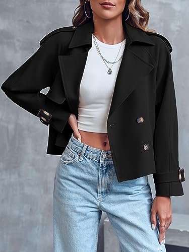 Saodimallsu Women Crop Double Breasted Trench Coat Short Cropped Jacket - color: Black, size: Medium