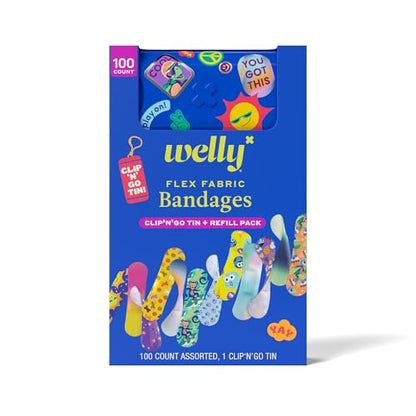 Welly Bandage Clip N' Go Tin & Refill Pack | Adhesive Flexible Fabric Bandages and Tin | Assorted Shapes and Patterns for Minor Cuts, Scrapes, and Wounds - 100 Count - size: 100 Count (Pack of 1)