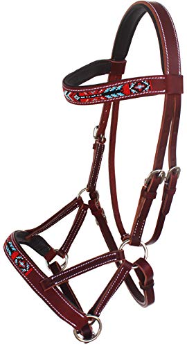 Horse Brown Leather Beaded Bitless Padded Sidepull Bridle w/ Reins 77RS17 - color: Mahogany/Beaded