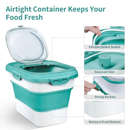 Komzon Rice Storage Container, Collapsible Airtight Food Storage Containers 6-20 Lbs, Rice Dispenser with Measuring Cup and Small Bin for Flour Cereal Pasta Grain, Cat Pet Dog Bird Food Container - size: 6-20 Lbs Green