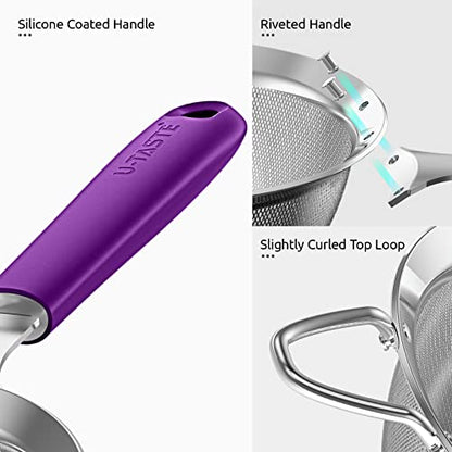 18/8 Stainless Steel Mesh Strainer: U-Taste 3.9 Inch Kitchen Fine Mesh Sieve Food Colander with Riveted Sturdy Silicone Handle and 30 Mesh Hole for Straining Flour, Quinoa, Tea, Juice (Purple) - color: (5) Purple, size: Small (3.9 x 11.1 in)