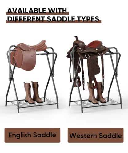 Queension Foldable Saddle Rack with Bottom Storage for Horse Stable, Black - style: Standing-Black