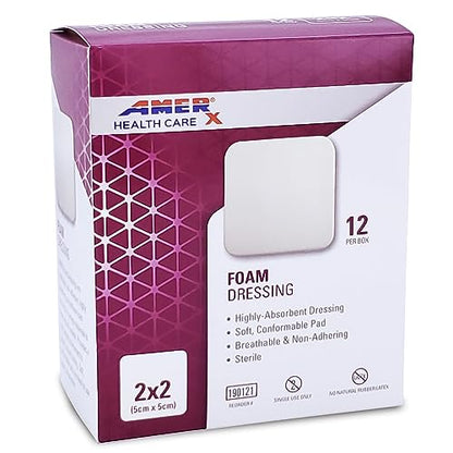 AMERX Foam Dressing - Wound Dressing Pads - Waterproof Barrier - Breathable, Self-Adhesive Border - 12 Count Per Box - size: 2" x 2" Pad