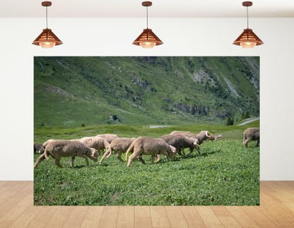 4x4ft Fabric Fabric Alpine Sheep Pasture Backdrop Wool Sheep Green Grass Steep Rocky Hillside Small Alpine Meadow Photography Background Tapestry Pastoral Decorations Photo Booth Props - size: 4x4ft