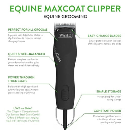Wahl Pro Animal Equine MaxCoat Horse Clipper, Black | Powerful Corded Clipper for Thick Coats, Quiet Performance, Includes a #10 Competition Series Blade